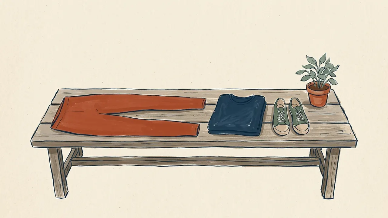 Leggings color teja, una camiseta doblada y dos zapatillas sobre un banco de madera con una maceta.