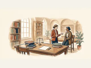Dos adultas conversan en una biblioteca junto a libros y una pequeña balanza de dos platillos.