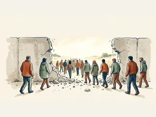 Un grupo de personas atraviesa la abertura de un muro de hormigón hacia un espacio luminoso.
