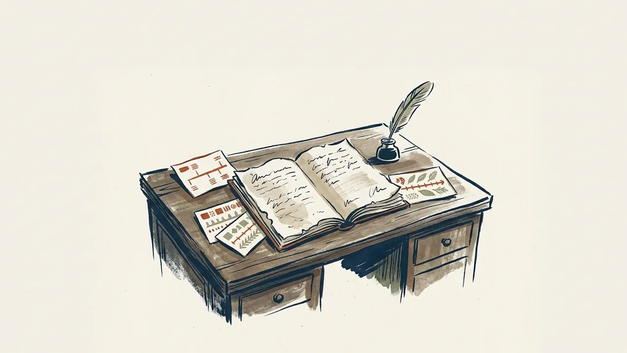 Un escritorio histórico reúne un libro abierto, una pluma y tarjetas con cronologías abstractas.