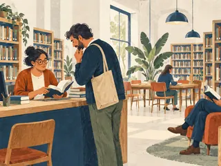 Una bibliotecaria muestra un libro a un visitante mientras otras personas leen en una biblioteca ilustrada.