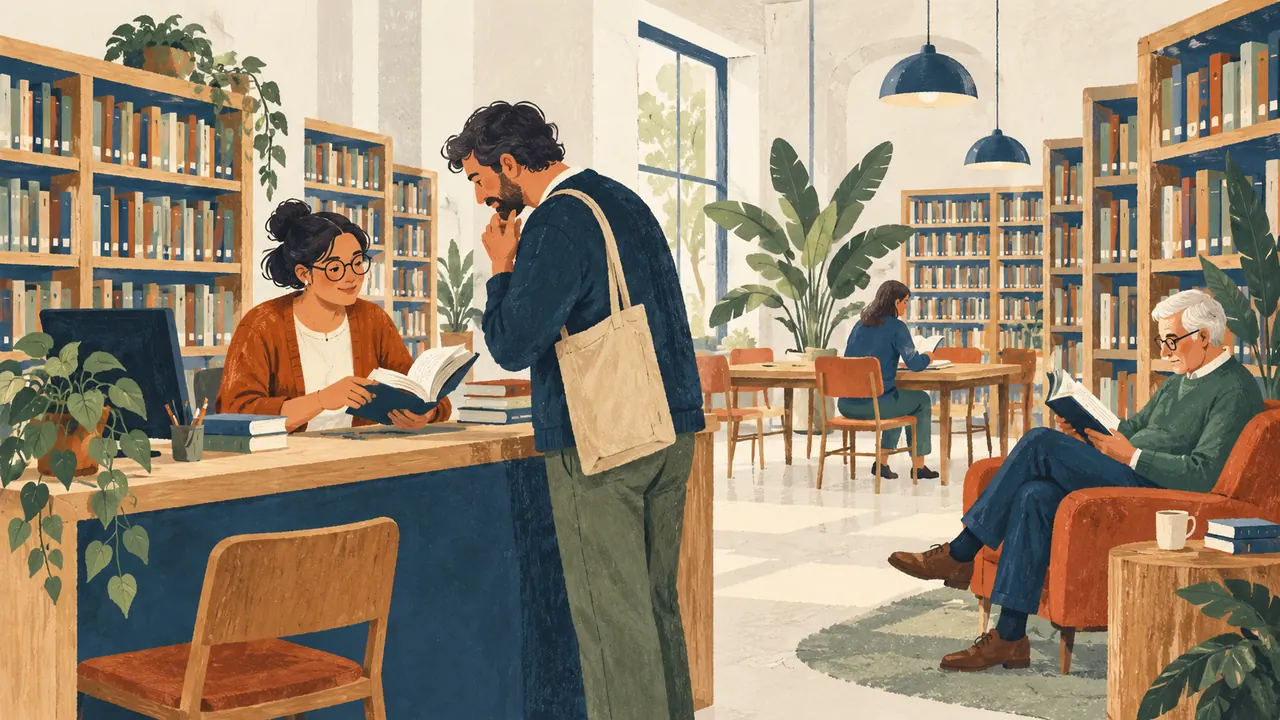 Una bibliotecaria muestra un libro a un visitante mientras otras personas leen en una biblioteca ilustrada.