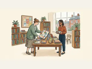 Dos bibliotecarias adultas preparan una mesa con libros ilustrados.