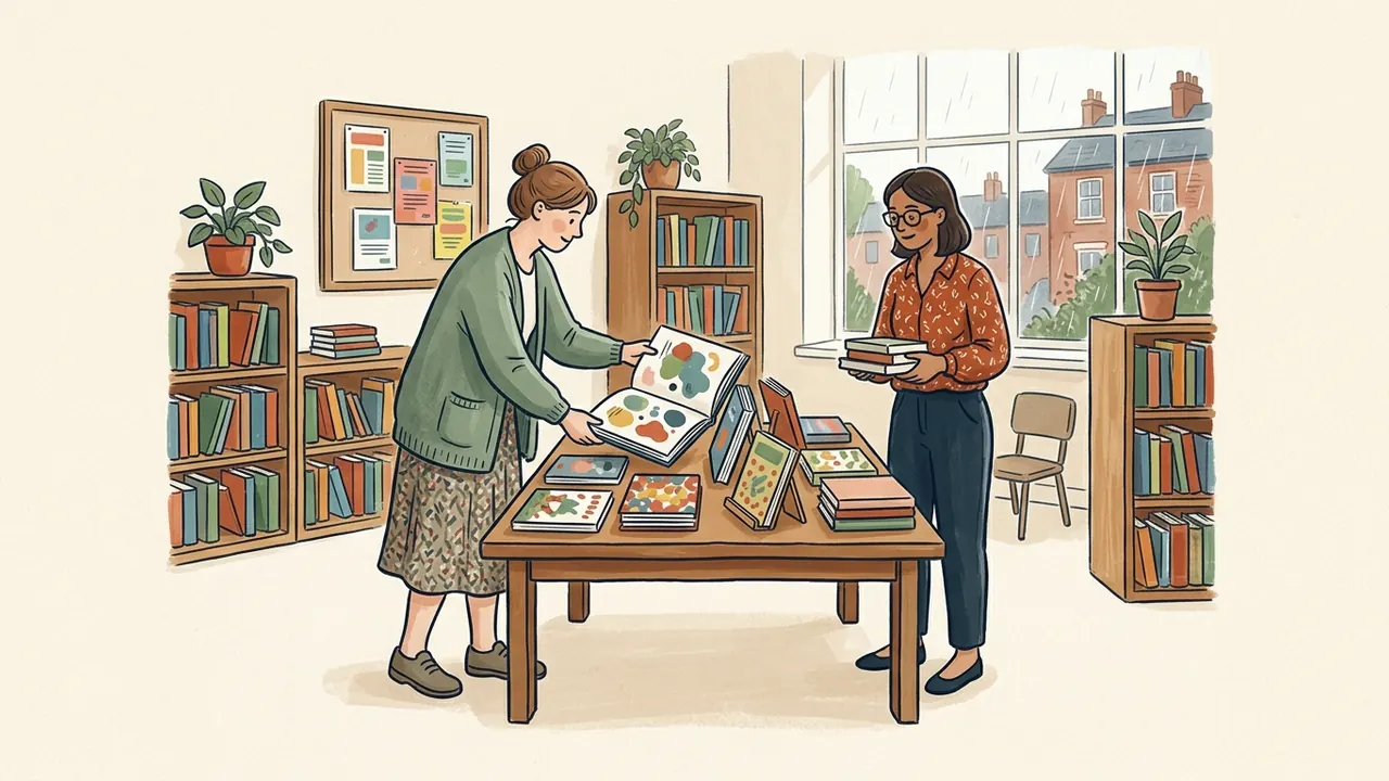 Dos bibliotecarias adultas preparan una mesa con libros ilustrados.