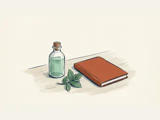 Una botella cerrada con líquido verde, una ramita de menta y un cuaderno de cubierta lisa.