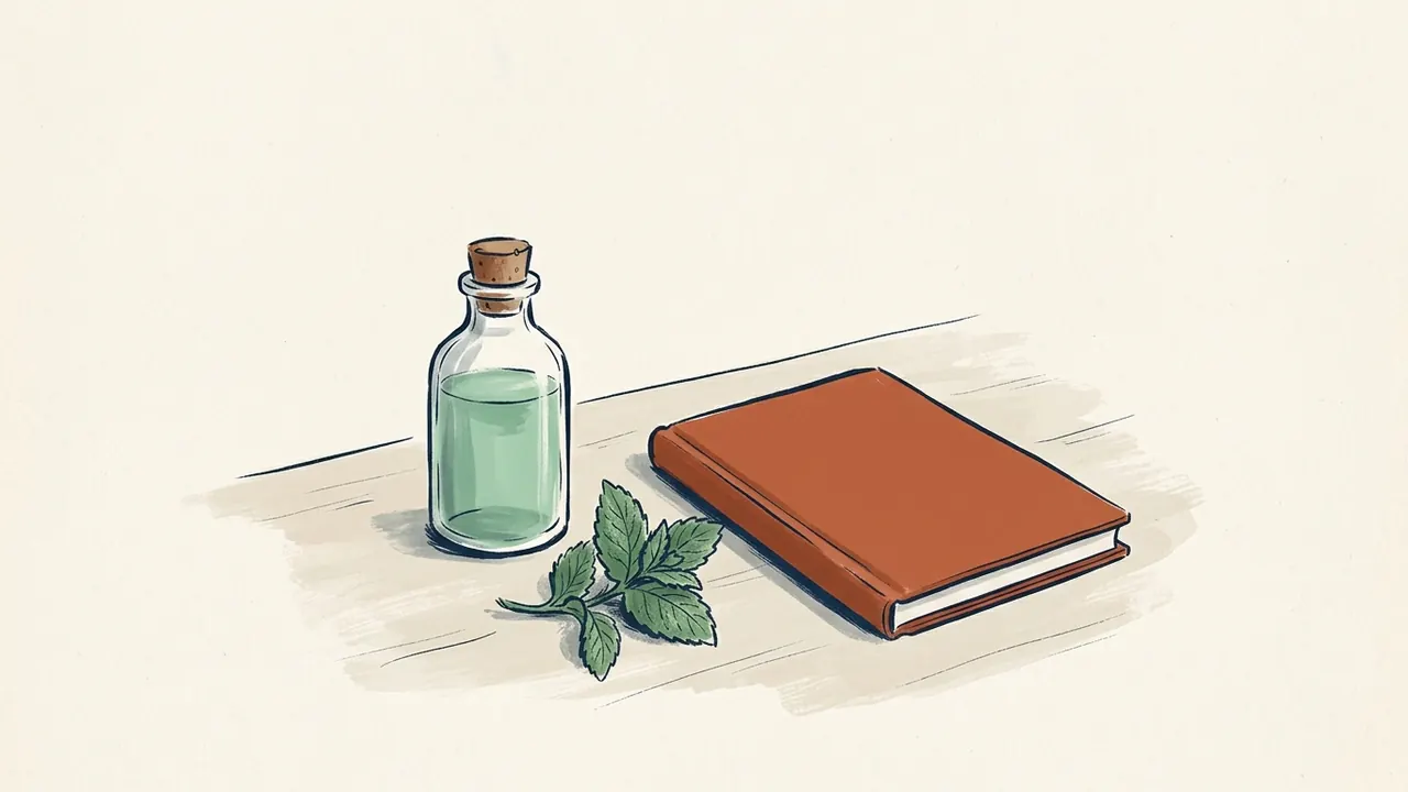 Una botella cerrada con líquido verde, una ramita de menta y un cuaderno de cubierta lisa.