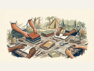 Varias manos adultas organizan pañuelos, cuadernos, cuerdas y materiales de una actividad al aire libre.