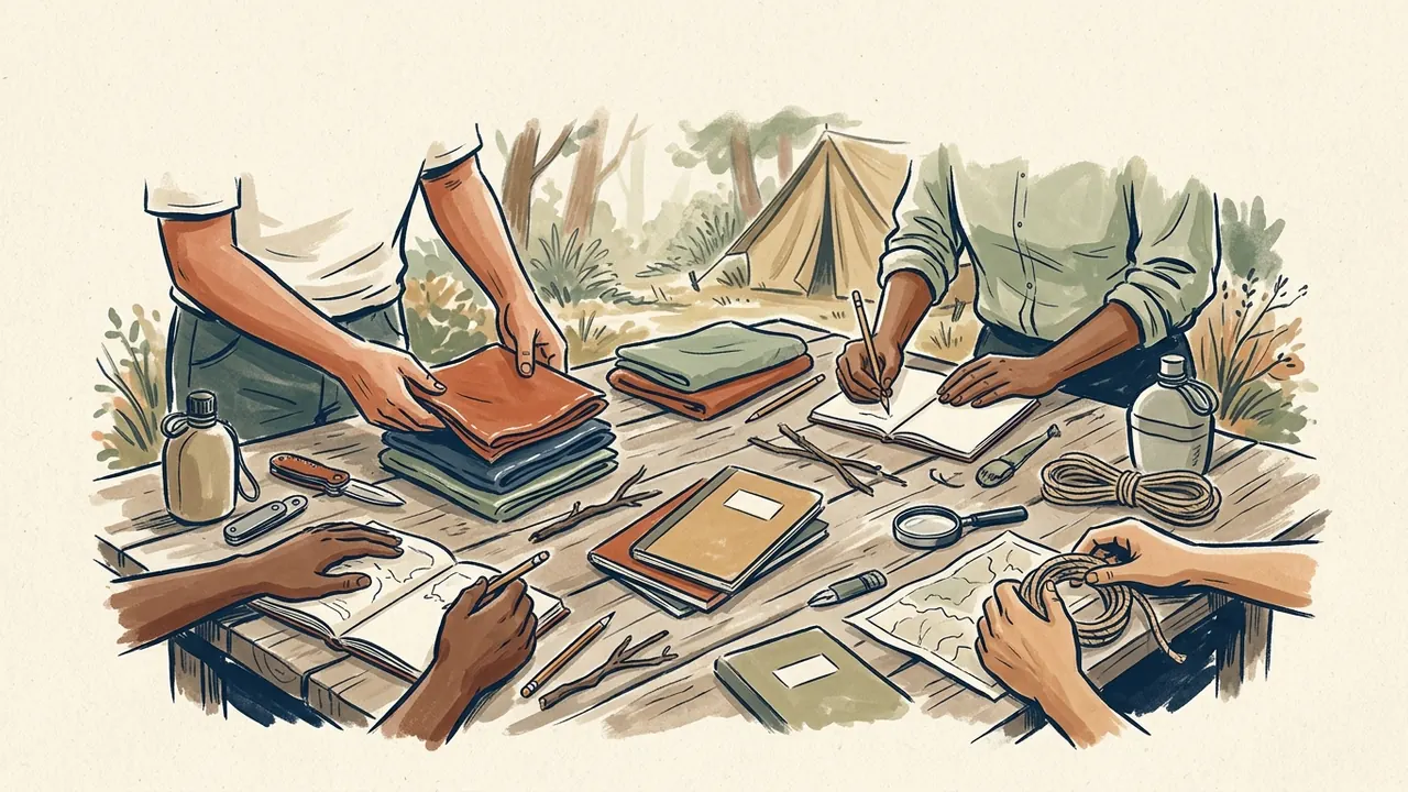 Varias manos adultas organizan pañuelos, cuadernos, cuerdas y materiales de una actividad al aire libre.