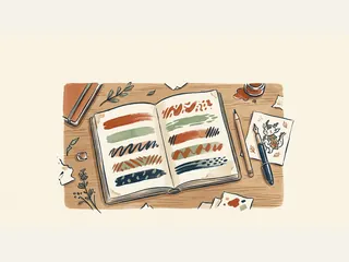 Un cuaderno abierto muestra grupos de cinco bandas abstractas de color junto a lápiz, pluma y un pequeño dibujo humorístico.