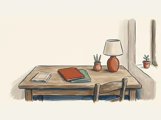 Escritorio ordenado con dos carpetas, tres lápices, una lámpara y un paño doblado.