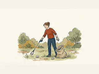 Ilustración de una voluntaria recogiendo papeles con una pinza junto a un saco en un parque.