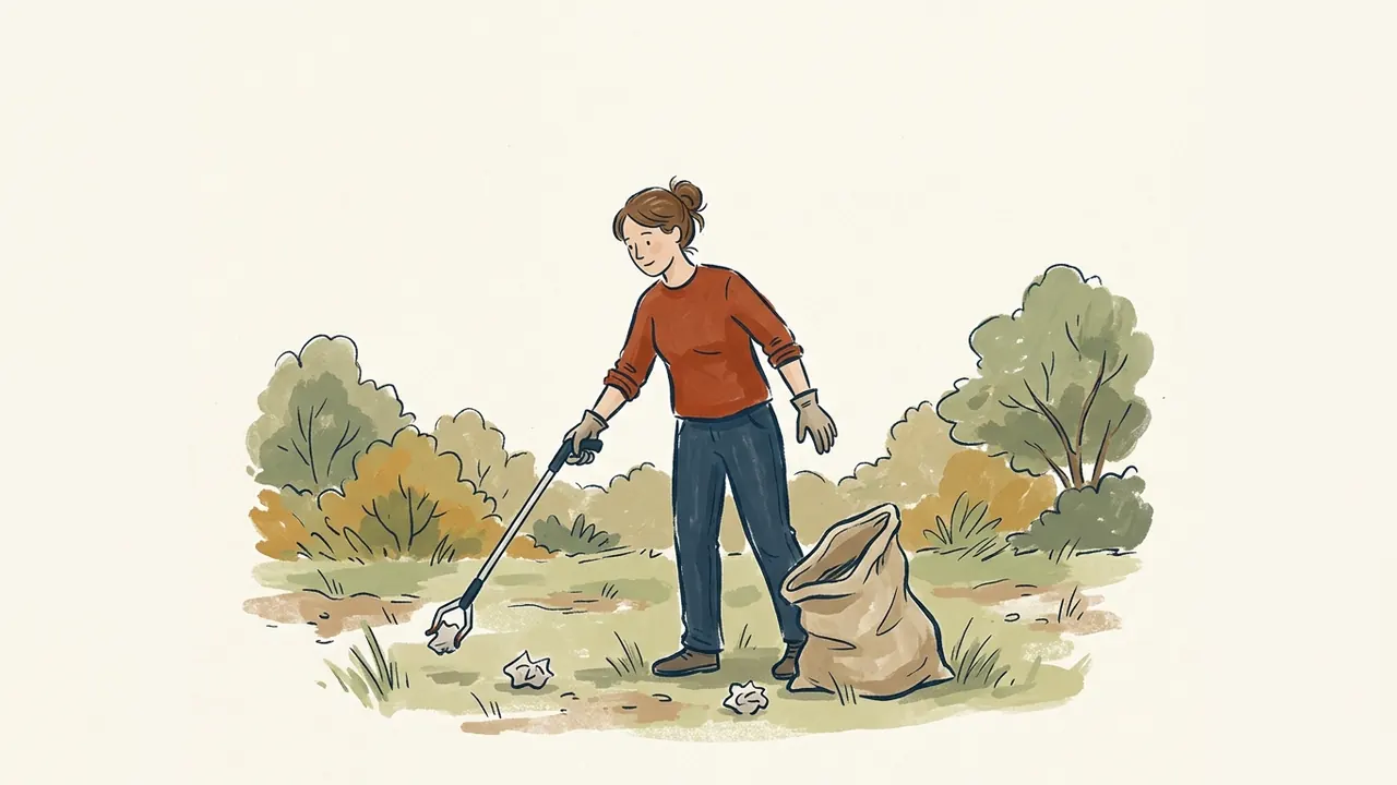 Ilustración de una voluntaria recogiendo papeles con una pinza junto a un saco en un parque.