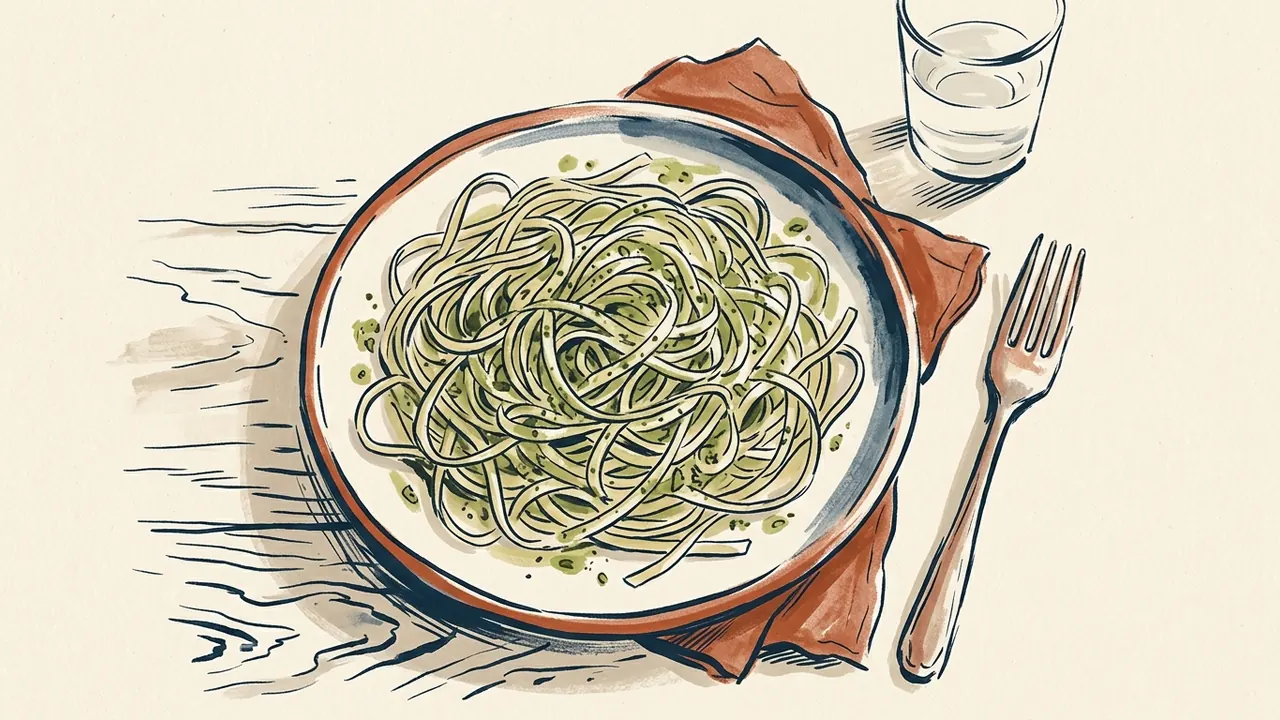 Un plato de linguini con pesto junto a un tenedor y un vaso de agua.