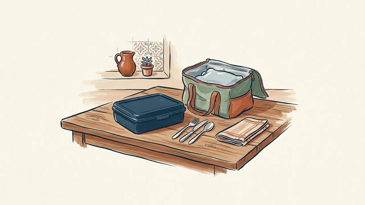 Fiambrera cerrada, bolsa isotérmica abierta, cubiertos y servilleta sobre una mesa de cocina