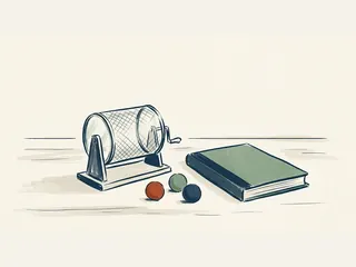 Bombo de sorteo vacío junto a tres bolas sin números y un cuaderno cerrado.