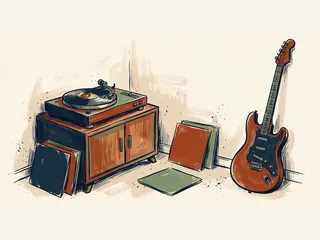 Un tocadiscos con un vinilo, varias fundas sin título y una guitarra eléctrica componen una escena musical.