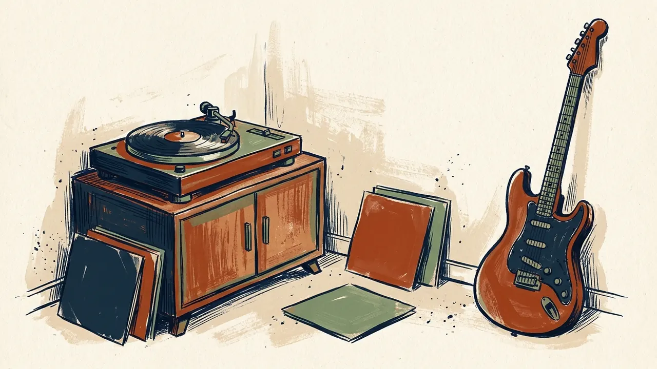 Un tocadiscos con un vinilo, varias fundas sin título y una guitarra eléctrica componen una escena musical.