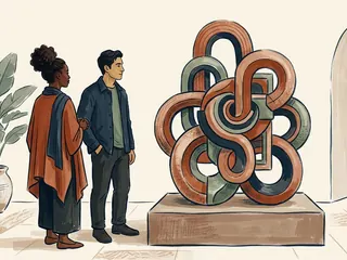 Dos personas contemplan una escultura de formas entrelazadas.