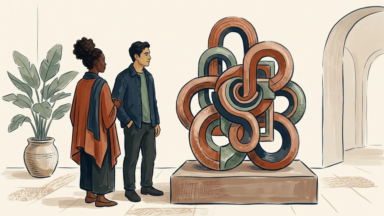 Dos personas contemplan una escultura de formas entrelazadas.