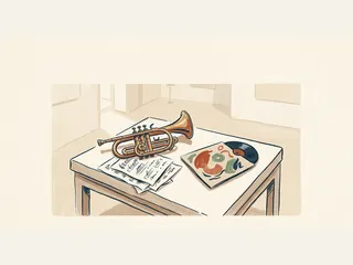 Corneta, partitura abstracta y un disco en su funda sobre una mesa de museo.