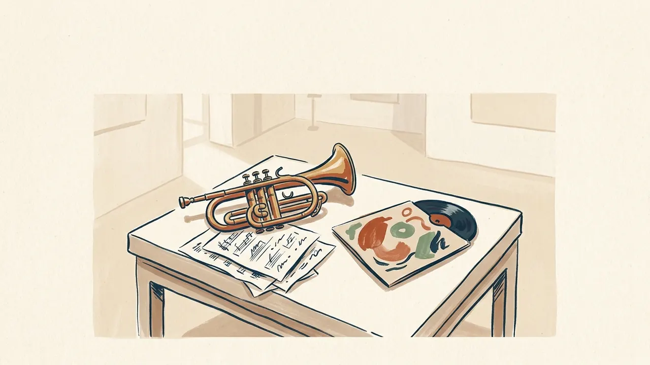 Corneta, partitura abstracta y un disco en su funda sobre una mesa de museo.