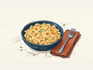 Cuenco de macarrones con queso y tenedor sobre una servilleta.