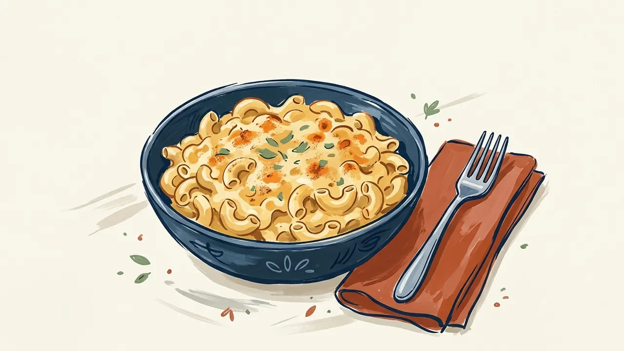 Cuenco de macarrones con queso y tenedor sobre una servilleta.