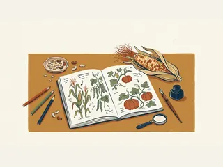 Un cuaderno con dibujos de maíz, judías y calabazas junto a una mazorca y semillas.