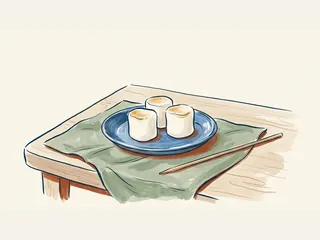 Tres malvaviscos ligeramente tostados en un plato azul con una brocheta al lado.
