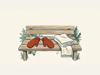 Dos manoplas rojas y una bufanda crema sobre un banco de madera.