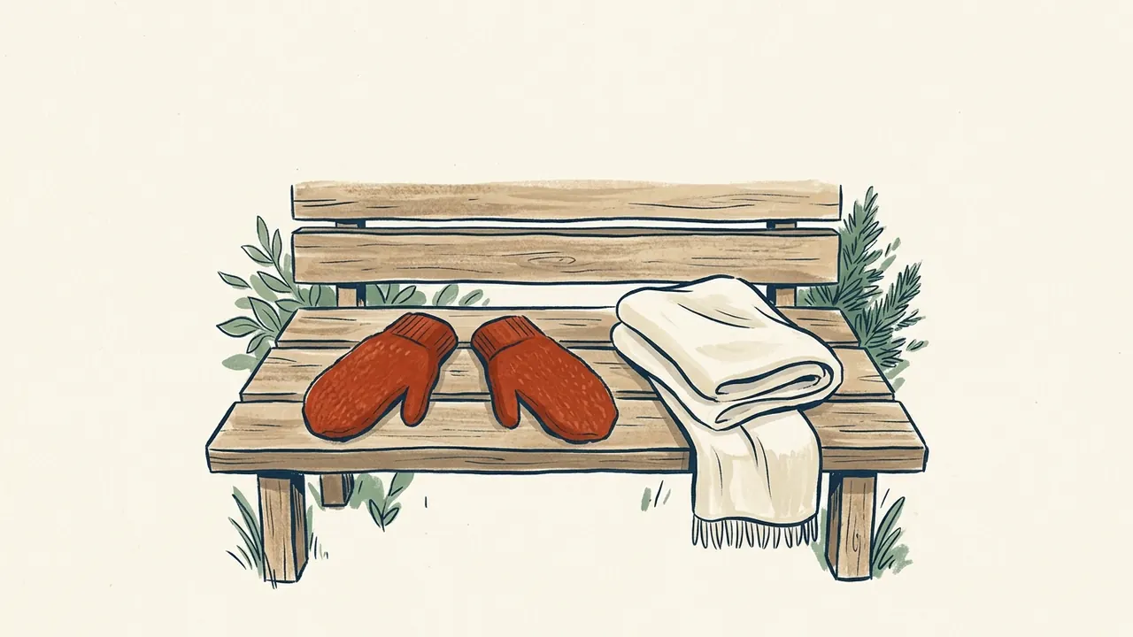 Dos manoplas rojas y una bufanda crema sobre un banco de madera.