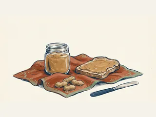 Tarro de crema de cacahuete junto a una tostada y cacahuetes con cáscara.