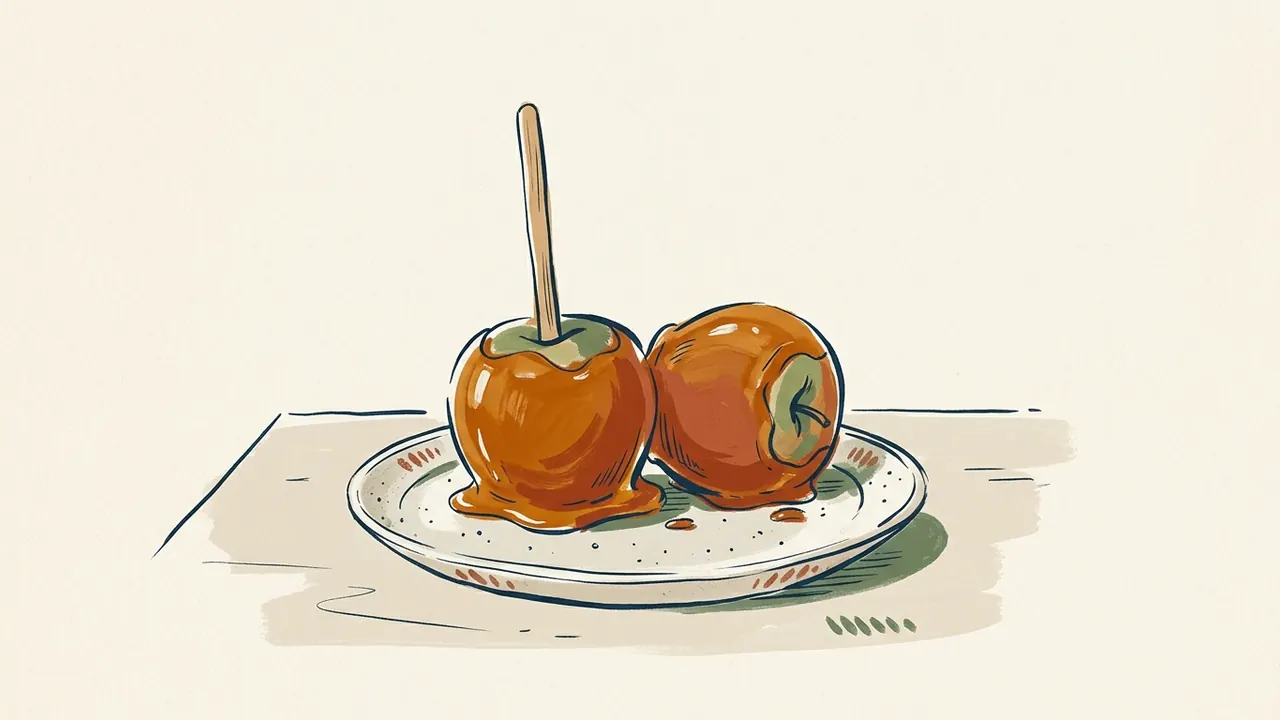 Dos manzanas cubiertas de caramelo sobre un plato, una con un palito de madera.