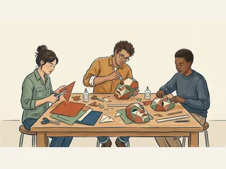 Tres personas adultas preparan máscaras geométricas de papel en una mesa de taller.