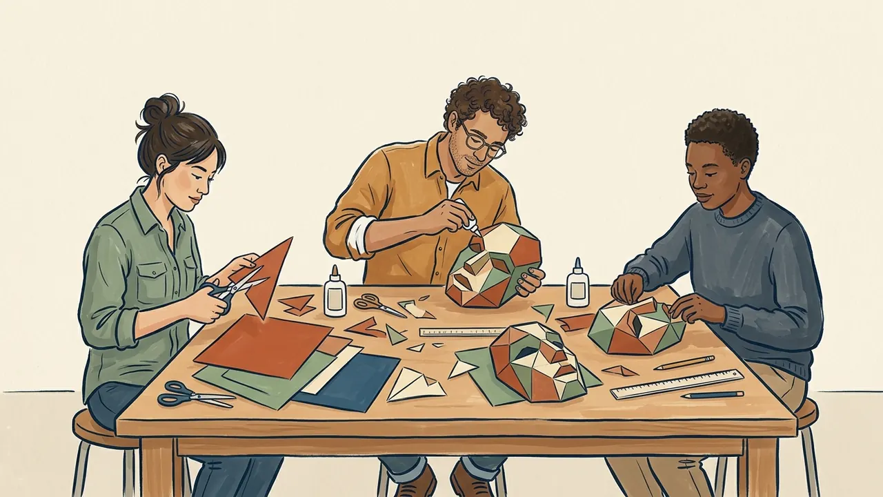 Tres personas adultas preparan máscaras geométricas de papel en una mesa de taller.