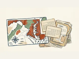 Un mapa esquemático de la bahía de Chesapeake junto a tarjetas de calendario y documentos de archivo.