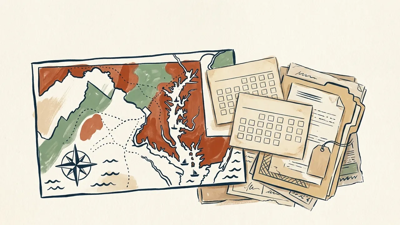 Un mapa esquemático de la bahía de Chesapeake junto a tarjetas de calendario y documentos de archivo.