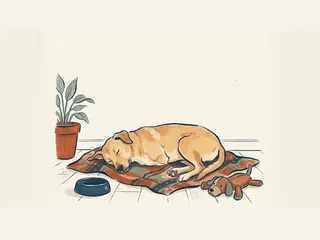 Un perro de tres patas descansa sobre una manta junto a un cuenco y un juguete.