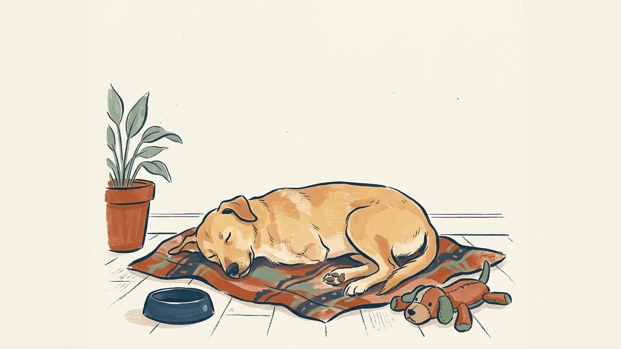 Un perro de tres patas descansa sobre una manta junto a un cuenco y un juguete.