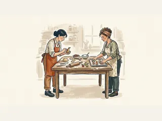 Dos reposteras modelan frutas y figuras de mazapán en un taller.