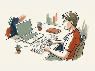 Una persona practica mecanografía con un teclado externo conectado a un portátil.