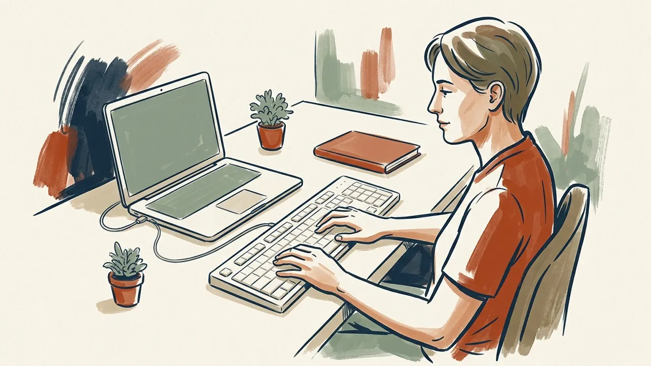 Una persona practica mecanografía con un teclado externo conectado a un portátil.