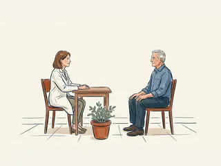 Una médica y un hombre adulto conversan sentados en una consulta luminosa.