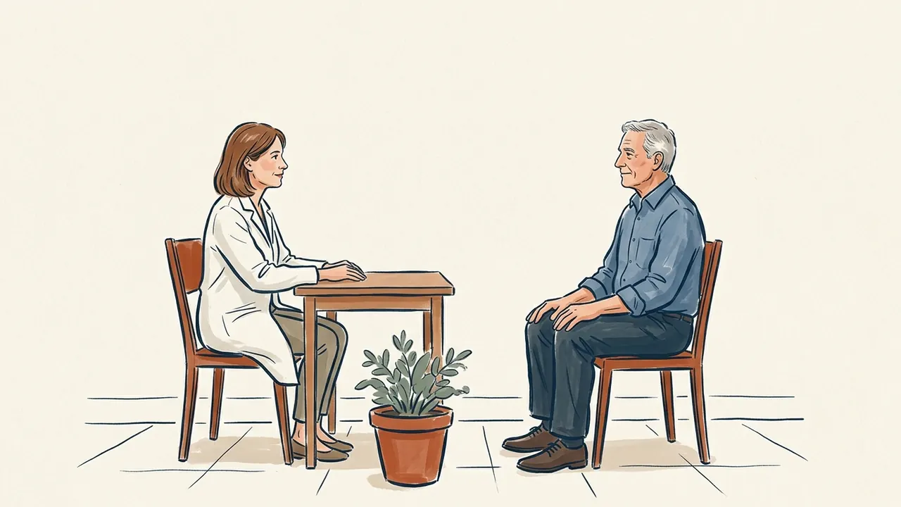 Una médica y un hombre adulto conversan sentados en una consulta luminosa.