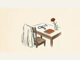 Una bata blanca cuelga de una silla junto a una mesa con estetoscopio, cuaderno cerrado y clavel rojo.