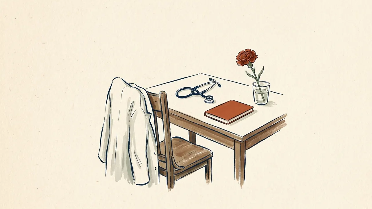 Una bata blanca cuelga de una silla junto a una mesa con estetoscopio, cuaderno cerrado y clavel rojo.