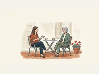Dos amigas conversan junto a una mesa en una terraza.