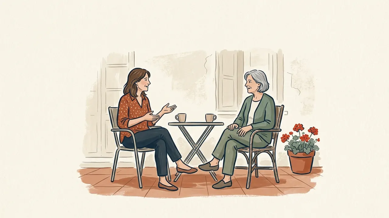 Dos amigas conversan junto a una mesa en una terraza.