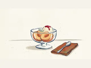 Copa de cristal con melocotones, helado y salsa de frambuesa junto a una cuchara.