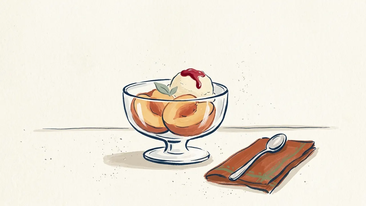 Copa de cristal con melocotones, helado y salsa de frambuesa junto a una cuchara.